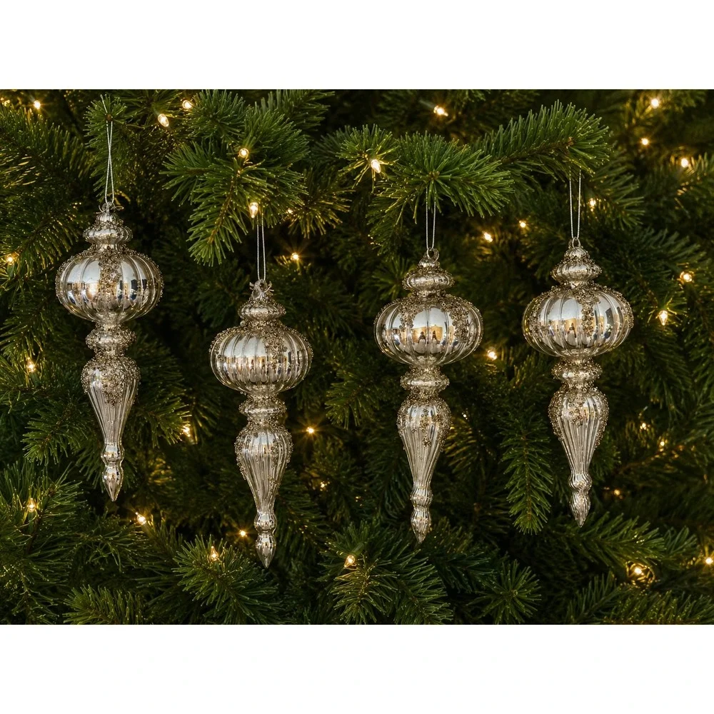 Silver Mercury Glass Finial Christmas Ornaments Beaded Ribbed Drop Set of 4